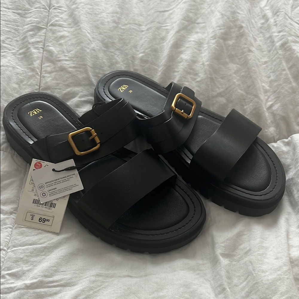 Zara Black Sandals with Gold Buckle